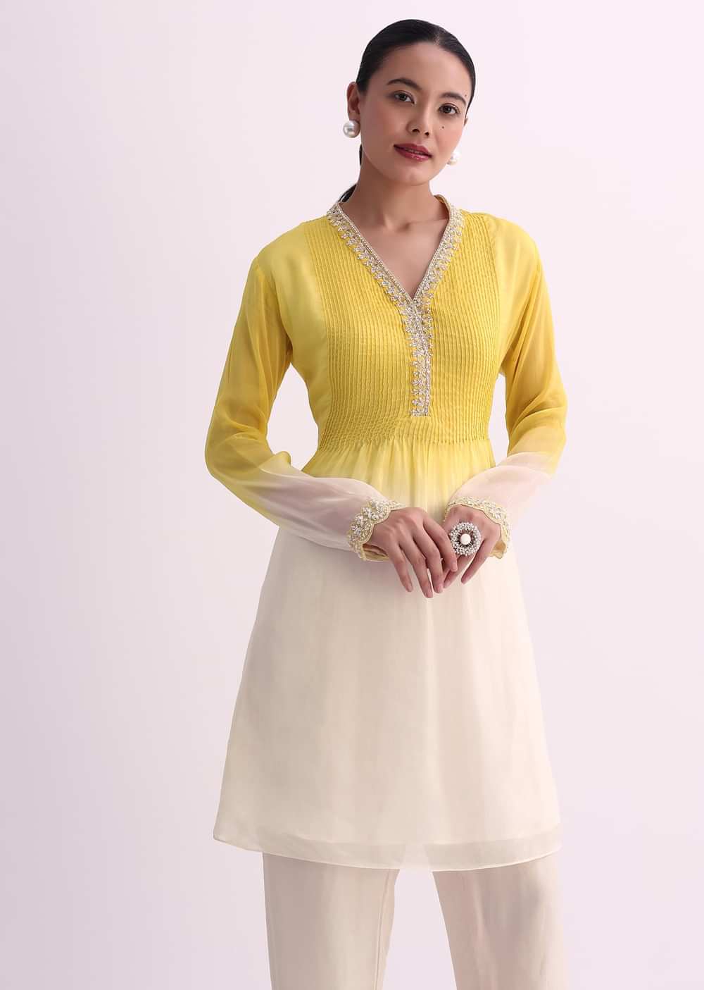 Yellow White Two Toned Embroidered Kurti Pant Set