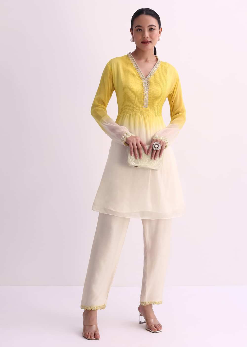 Yellow White Two Toned Embroidered Kurti Pant Set