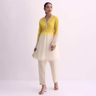 Yellow White Two Toned Embroidered Kurti Pant Set