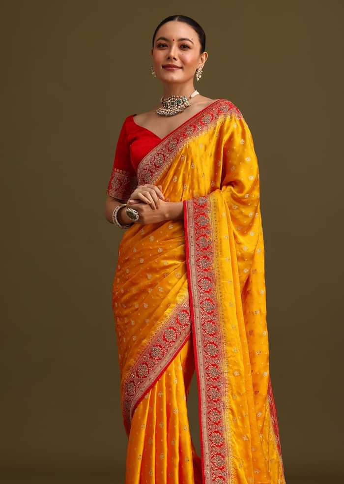 Yellow Zardosi Embroidered Saree With Contrast Pallu Border And Unstitched Blouse