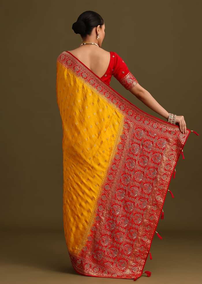 Yellow Zardosi Embroidered Saree With Contrast Pallu Border And Unstitched Blouse