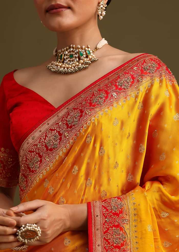 Yellow Zardosi Embroidered Saree With Contrast Pallu Border And Unstitched Blouse