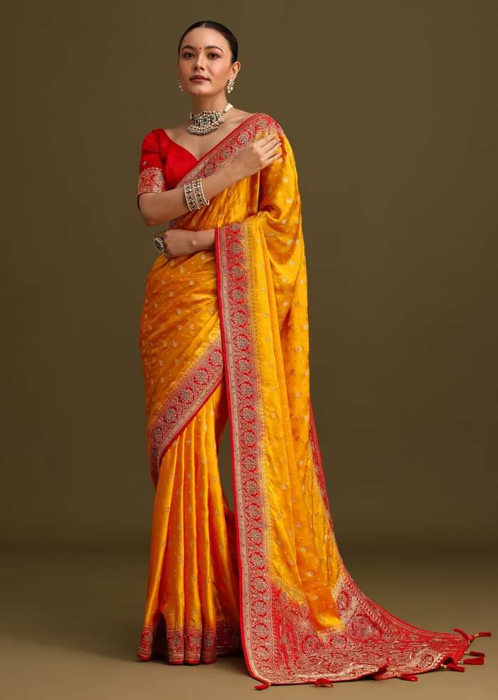 Yellow Zardosi Embroidered Saree With Contrast Pallu Border And Unstitched Blouse
