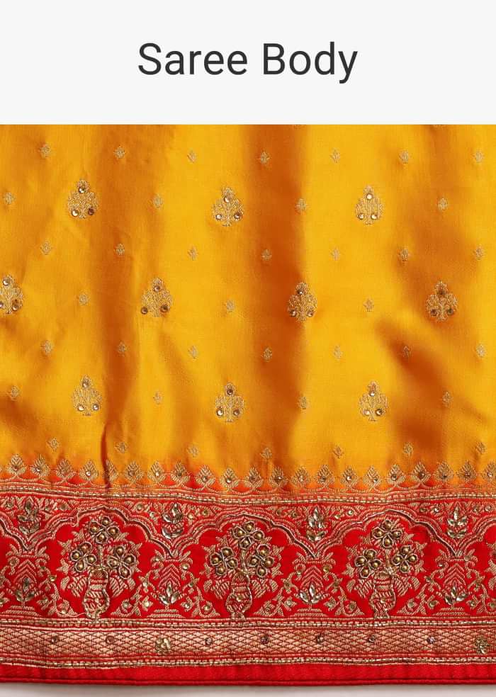 Yellow Zardosi Embroidered Saree With Contrast Pallu Border And Unstitched Blouse