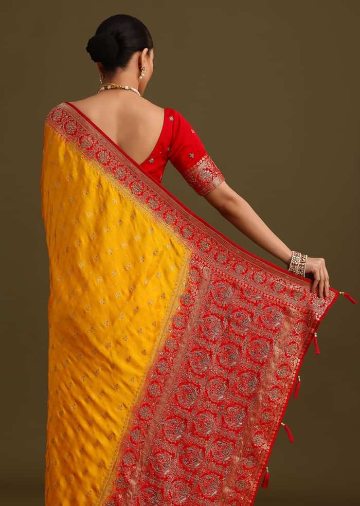Yellow Zardosi Embroidered Saree With Contrast Pallu Border And Unstitched Blouse