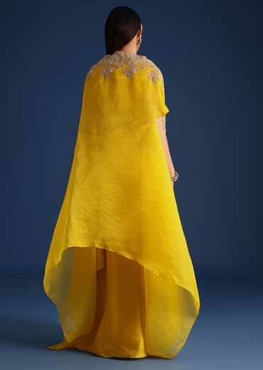 Yellow Zardozi Work Crop Top With Jacket And Skirt