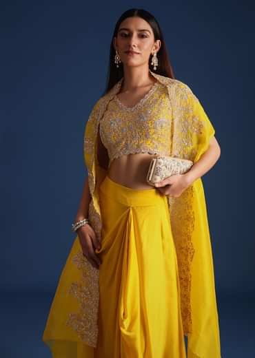 Yellow Zardozi Work Crop Top With Jacket And Skirt