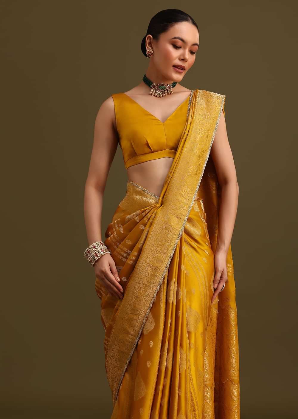 Yellow Zari Weave Saree With Unstitched Blouse