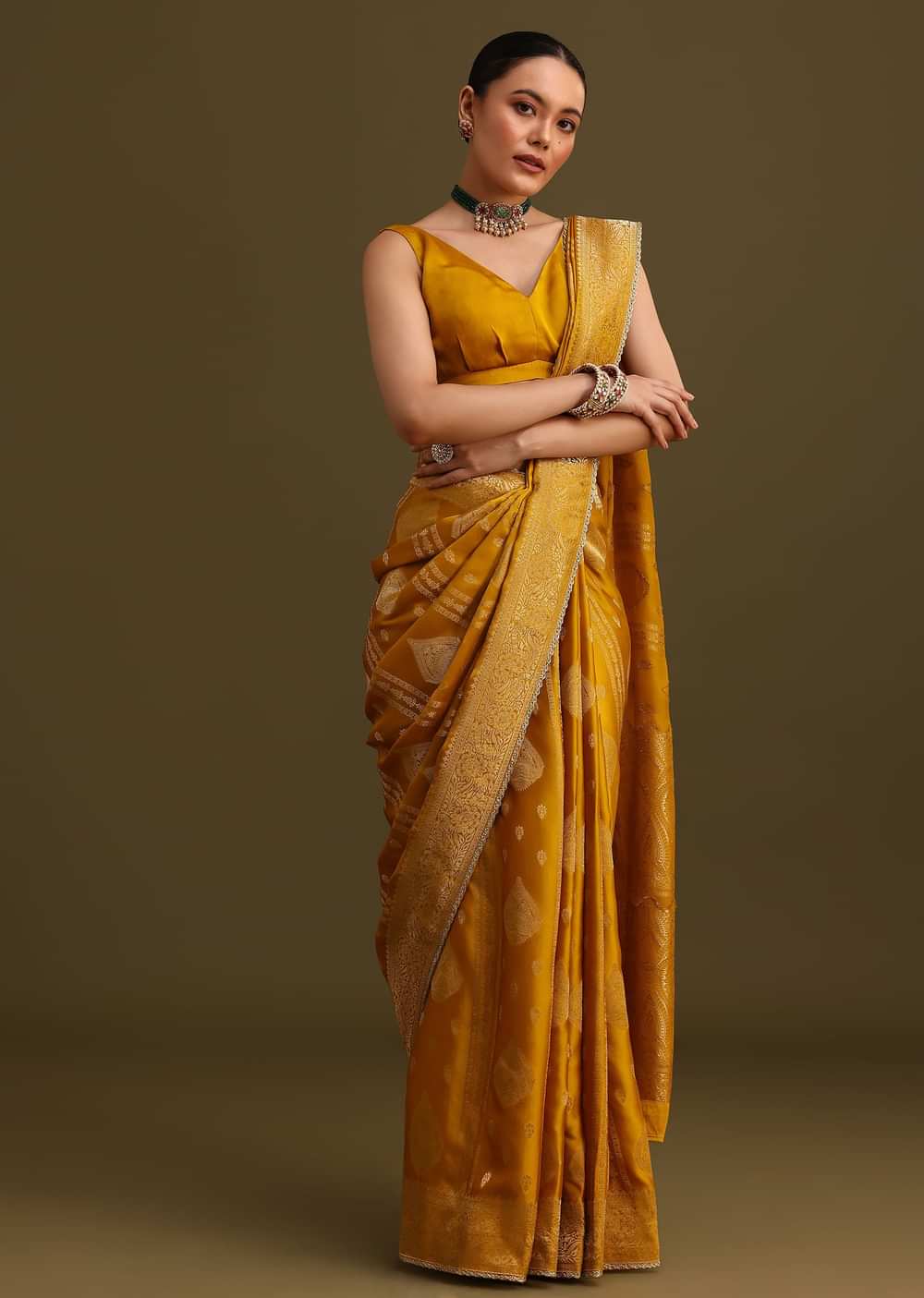Yellow Zari Weave Saree With Unstitched Blouse