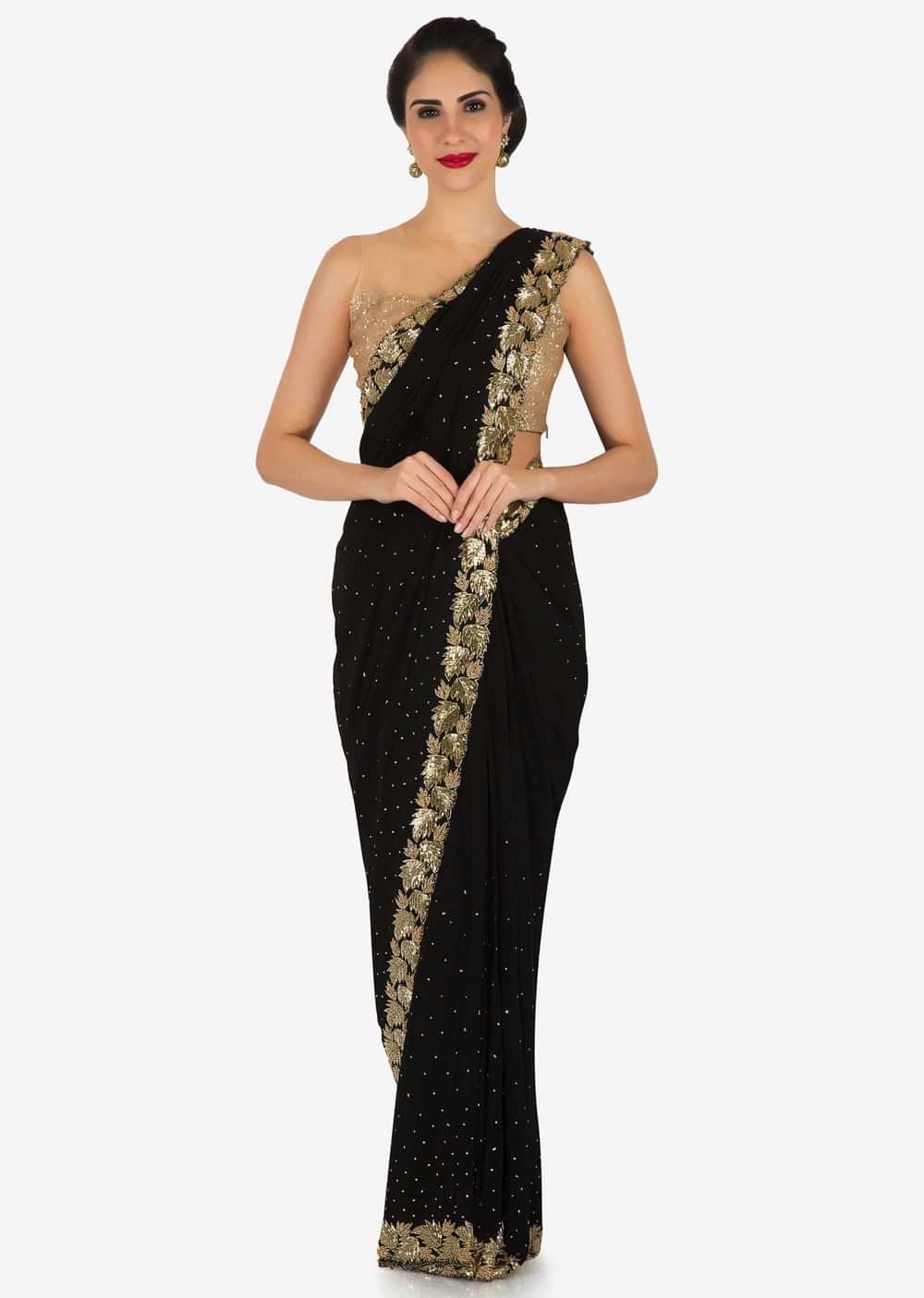 Zed black saree features in chiffon with leaf motif border only on Kalki