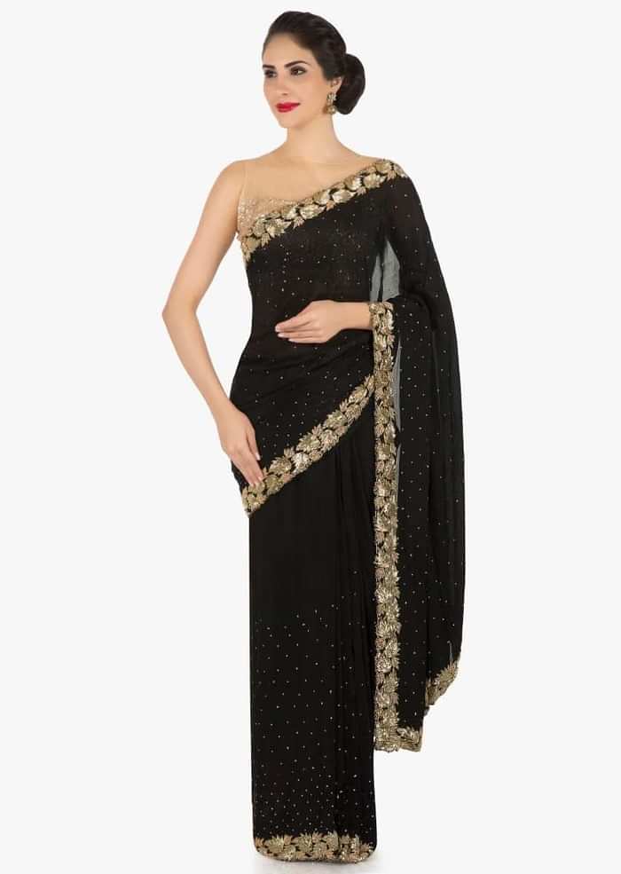 Zed black saree features in chiffon with leaf motif border only on Kalki