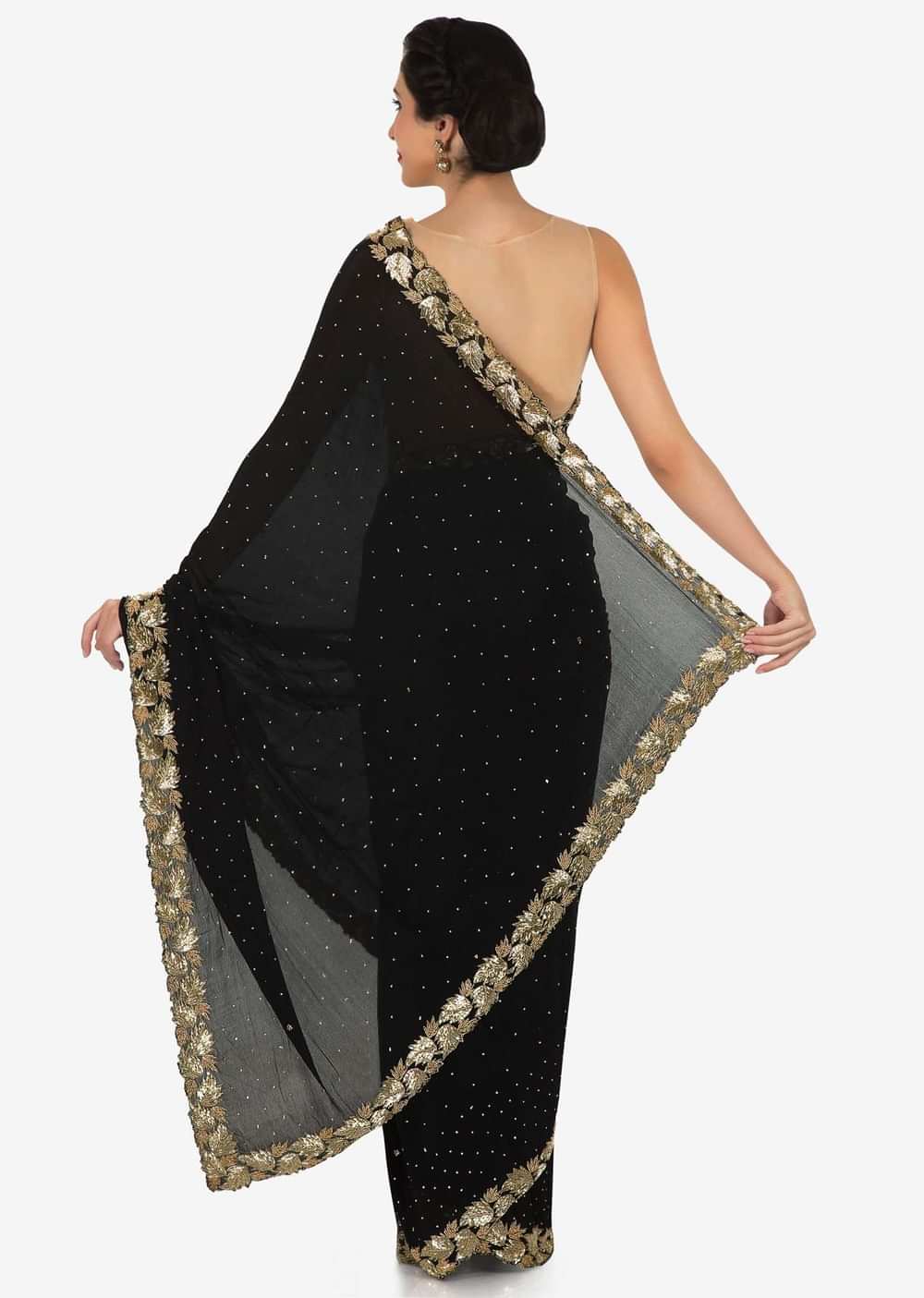 Zed black saree features in chiffon with leaf motif border only on Kalki