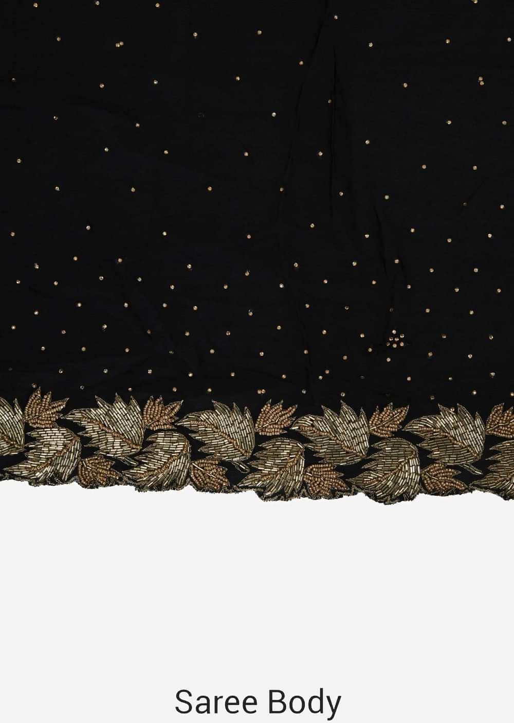 Zed black saree features in chiffon with leaf motif border only on Kalki