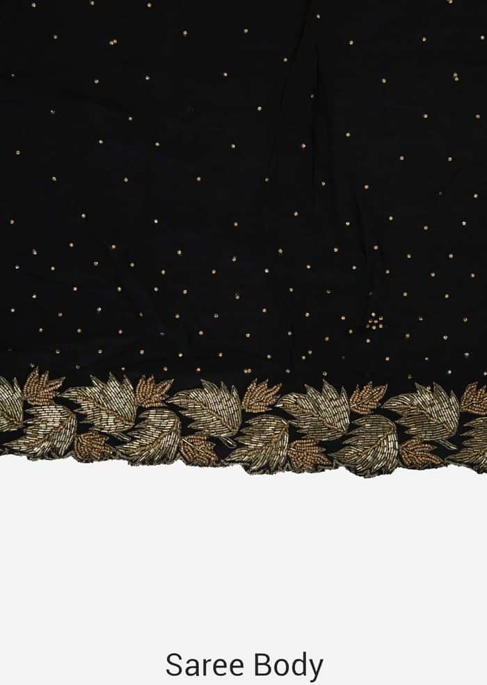 Zed black saree features in chiffon with leaf motif border only on Kalki