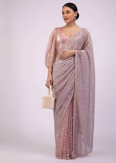 Zephyr Pink Saree In Sequins And Organza With Embroidery