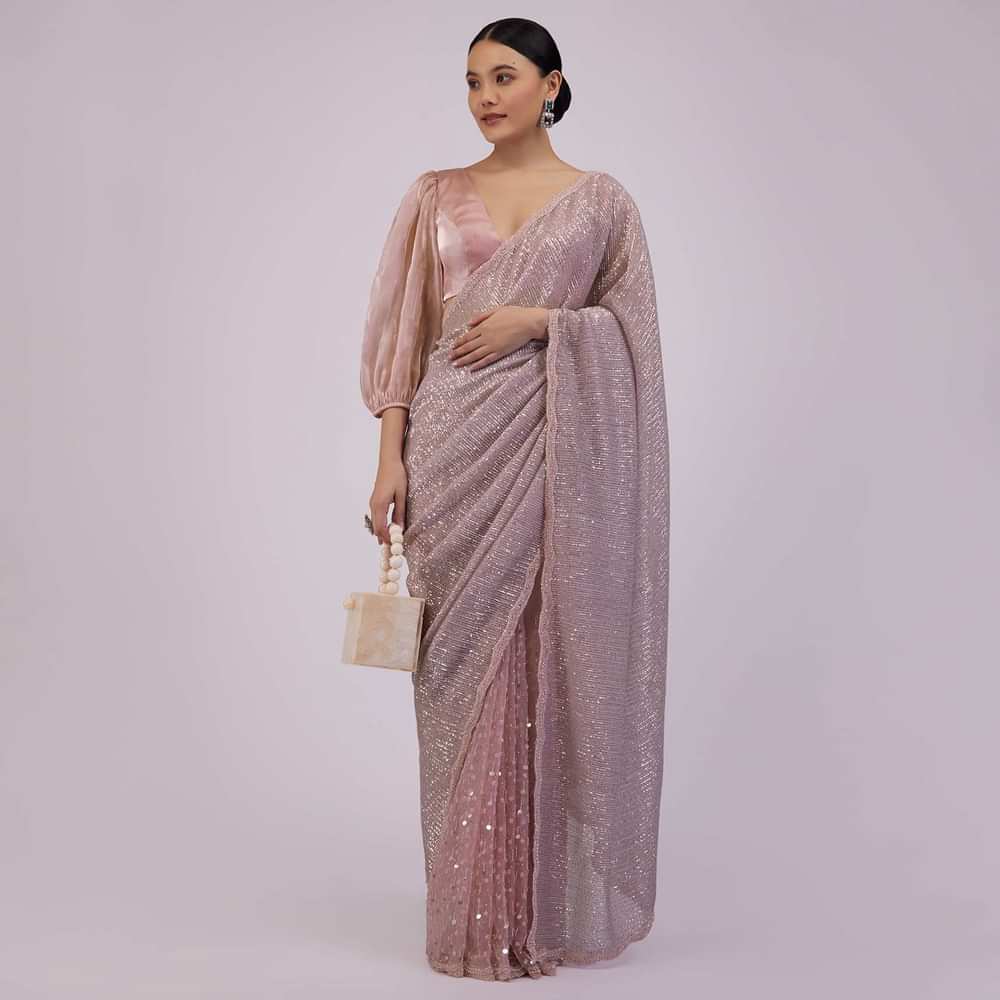 Zephyr Pink Saree In Sequins And Organza With Embroidery
