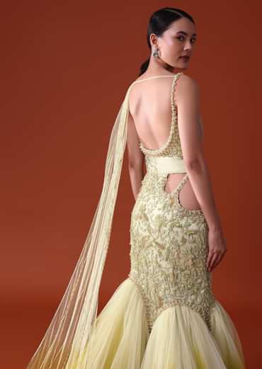 Citrus Green Ombre Fishcut Zardozi Gown Saree