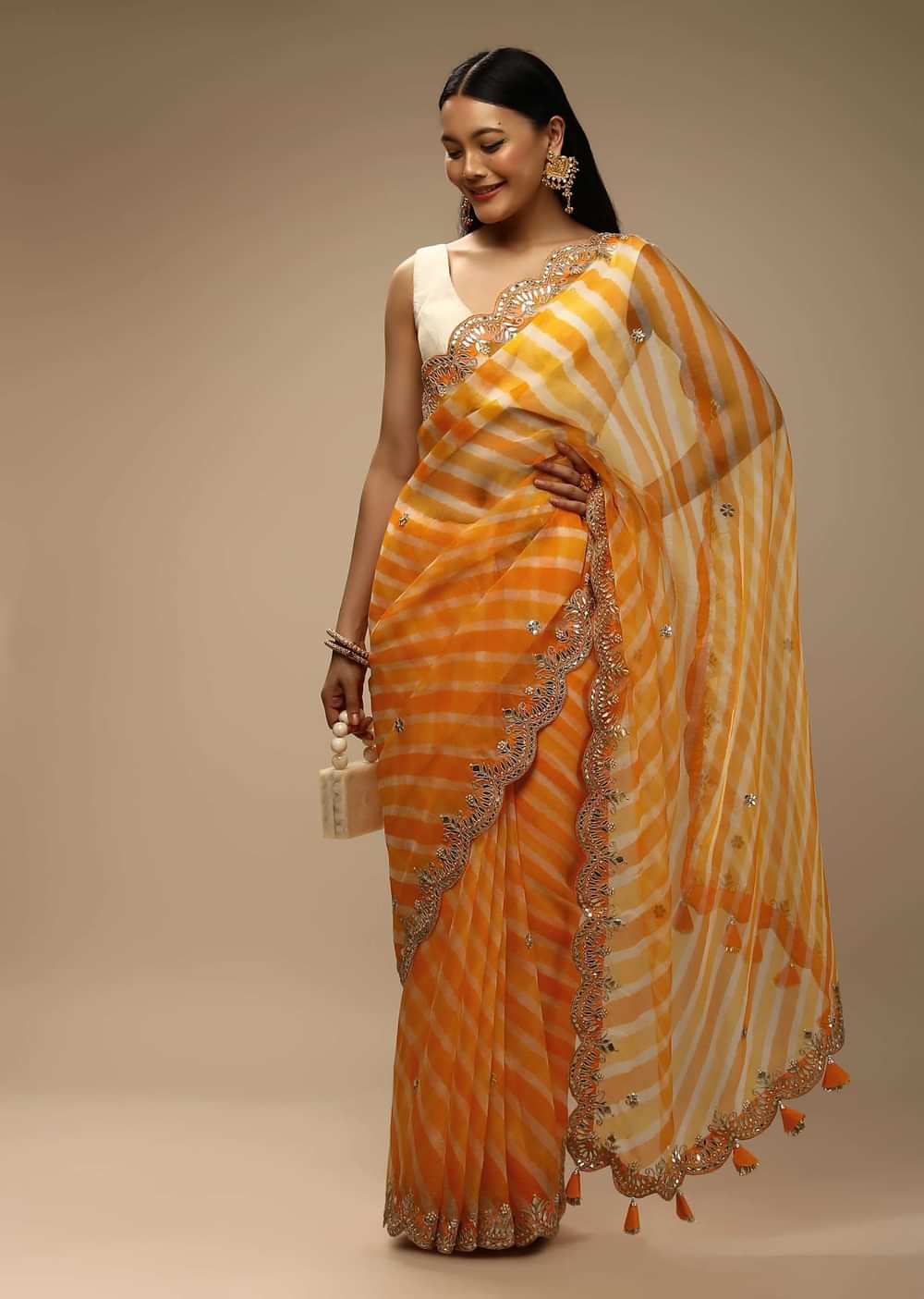 Zinnia Yellow Saree In Organza With Lehariya Print And Gotta Embroidered Scallop Border