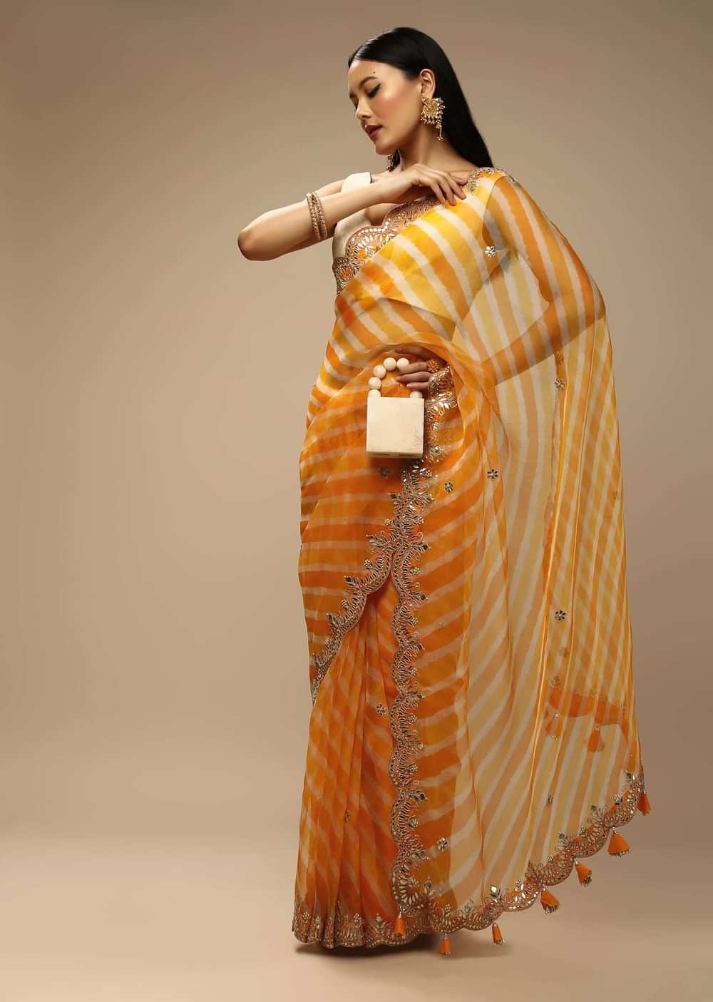 Zinnia Yellow Saree In Organza With Lehariya Print And Gotta Embroidered Scallop Border