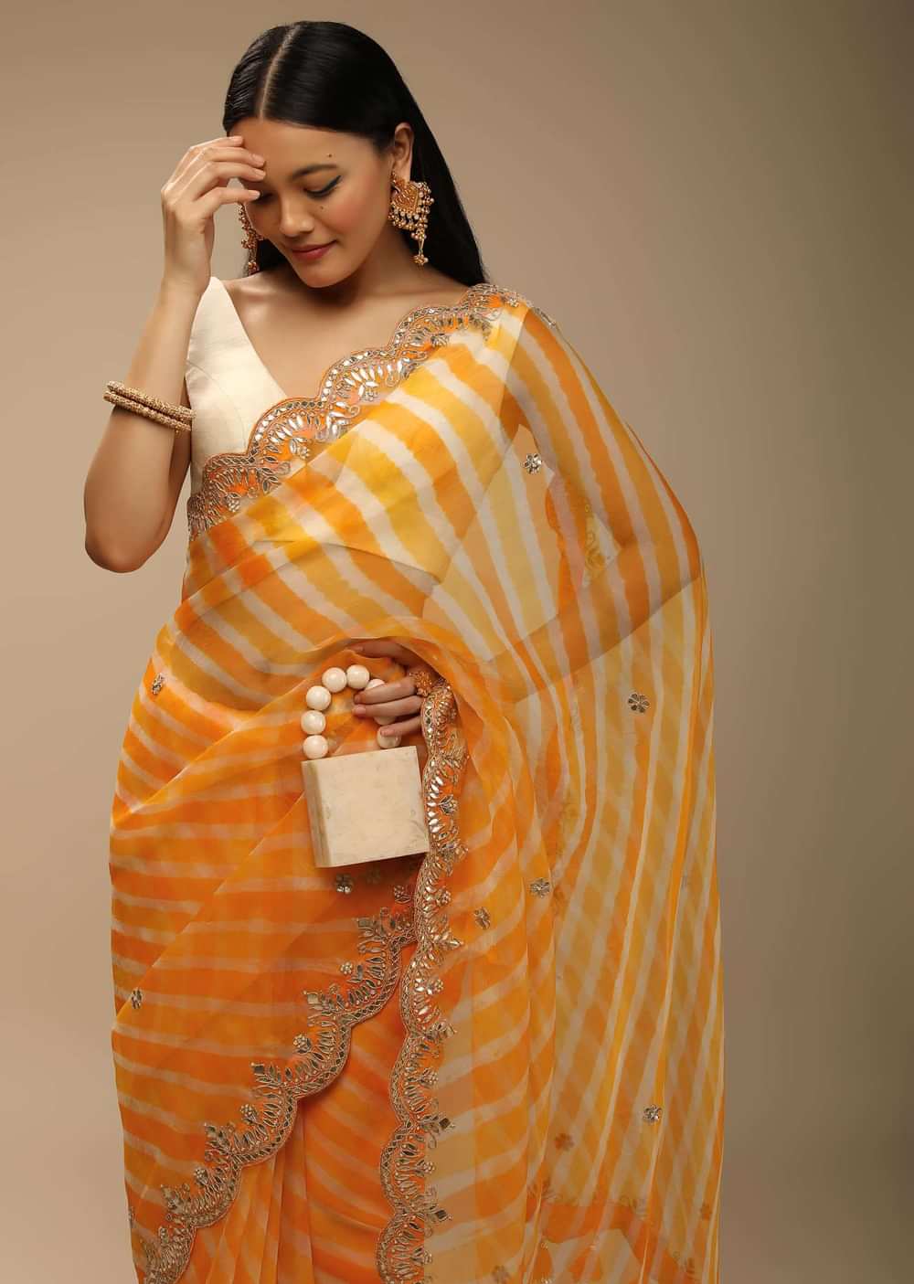 Zinnia Yellow Saree In Organza With Lehariya Print And Gotta Embroidered Scallop Border
