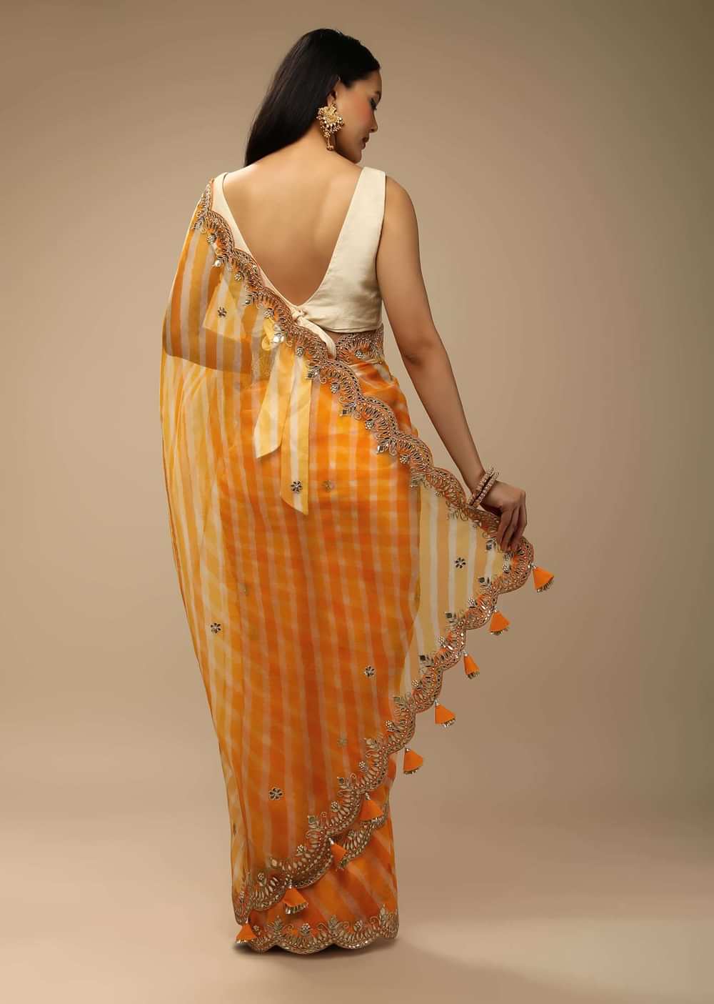 Zinnia Yellow Saree In Organza With Lehariya Print And Gotta Embroidered Scallop Border